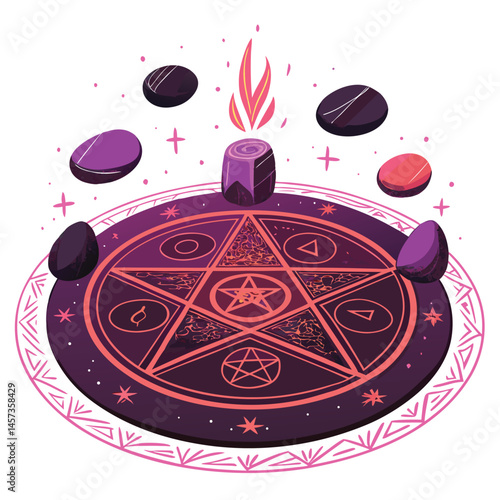 Create a digital painting of a glowing ritual circle etched with arcane symbols, featuring flickering flames and ethereal light.  Focus on intricate detail and mystical atmosphere.