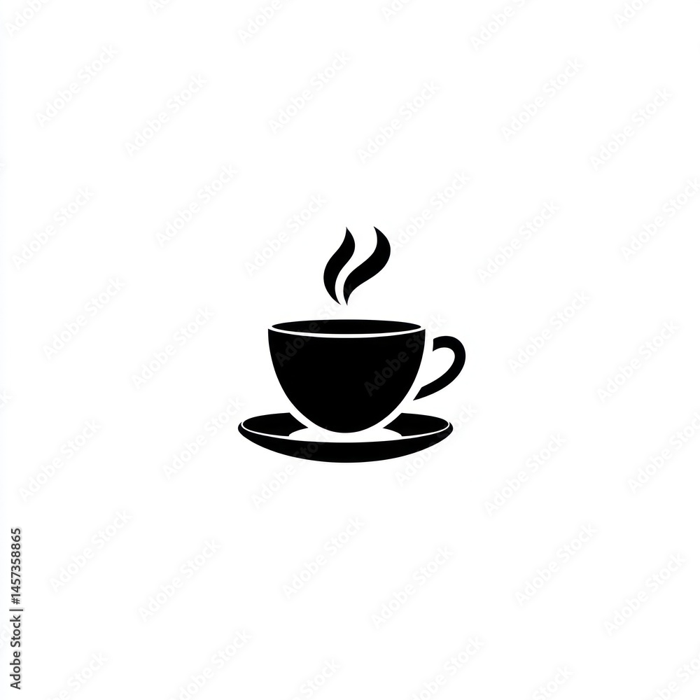 Fototapeta premium Stylized black coffee cup with steaming contents sits on a saucer in center