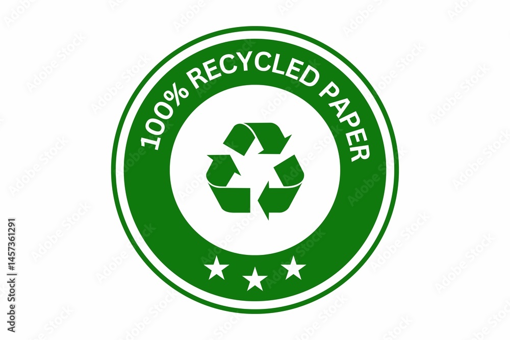green recycle symbol, 100% recycled paper stamp, lebel, icon, tag, sign, Recycled Paper vector stamp for paper packaging and boxes. green recycle symbol, 100% recycled paper stamp, lebel, icon, tag, sign, Recycled Paper vector stamp for paper packaging and boxes.