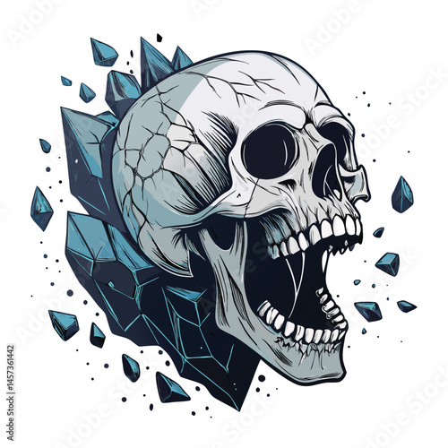 Render a detailed image of a screaming skull, trapped within a jagged, dark crystal formation; emphasize sharp shard details and intense facial expression.
