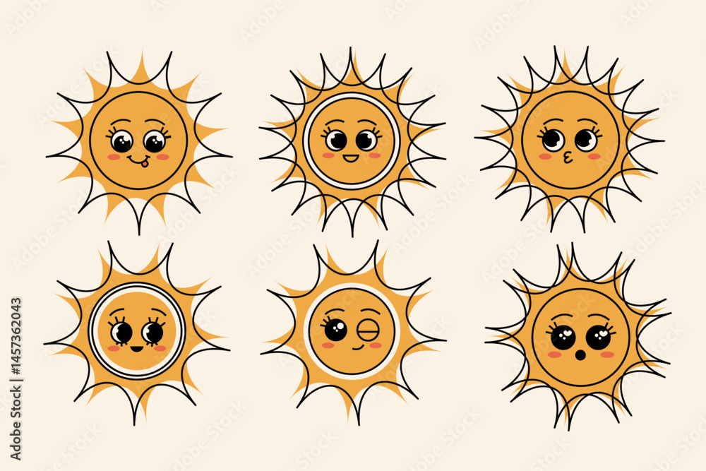 Set of cute retro sun faces – happy cartoon cool sun characters. A collection of smiling sun faces in a cool vintage style with cute cartoon emotions Set of cute retro sun faces – happy cartoon cool sun characters. A collection of smiling sun faces in a cool vintage style with cute cartoon emotions
