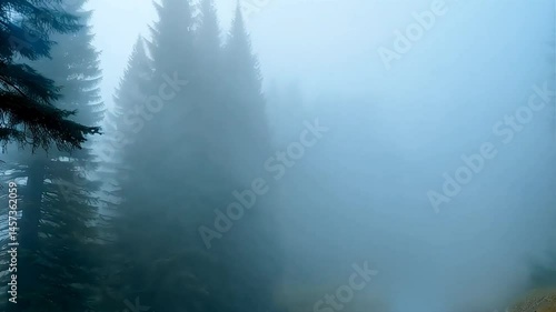 POV Drive Through Foggy Mountain Road and Misty Fir Tree Forest