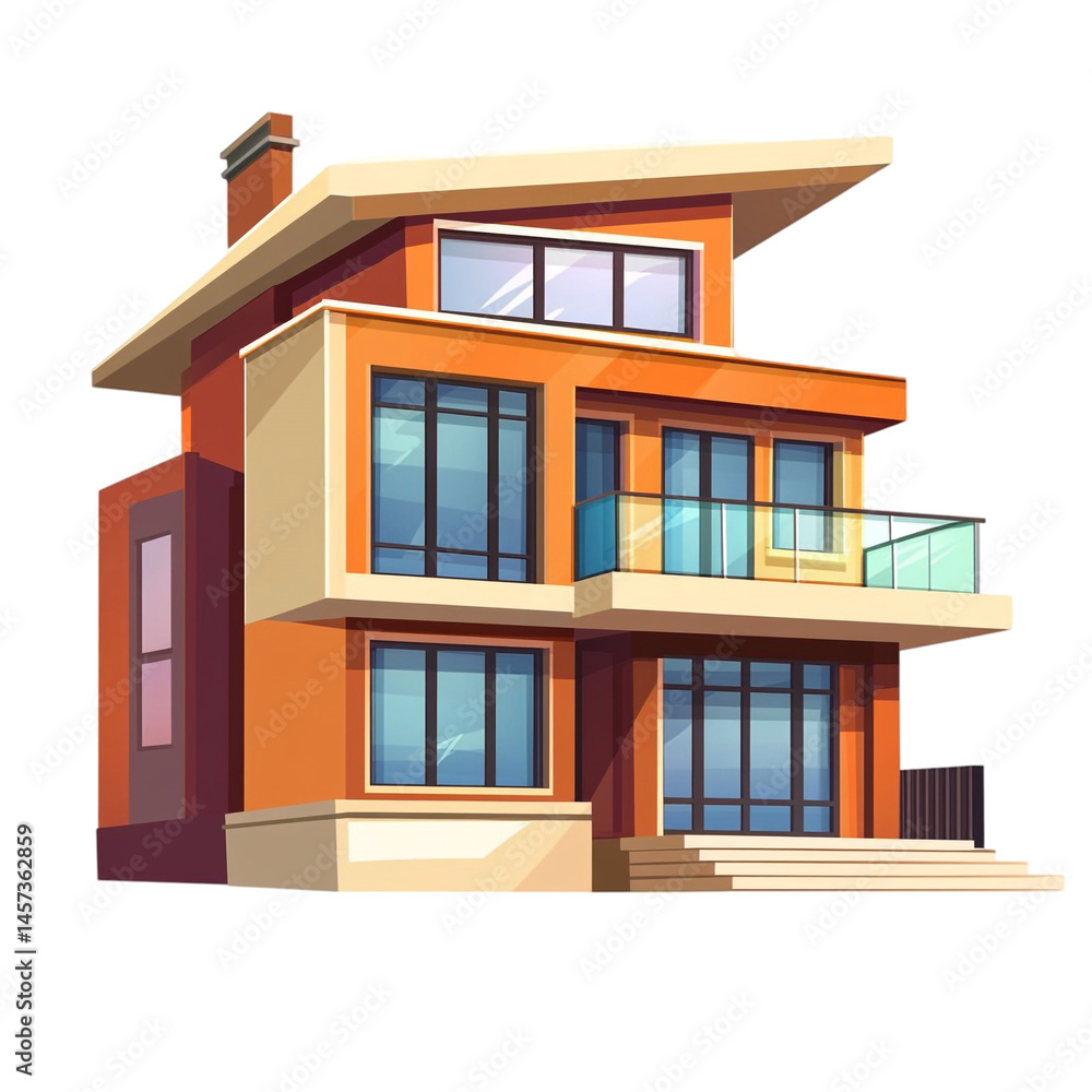 Modern orange house with large windows balcony and stairs Modern orange house with large windows balcony and stairs