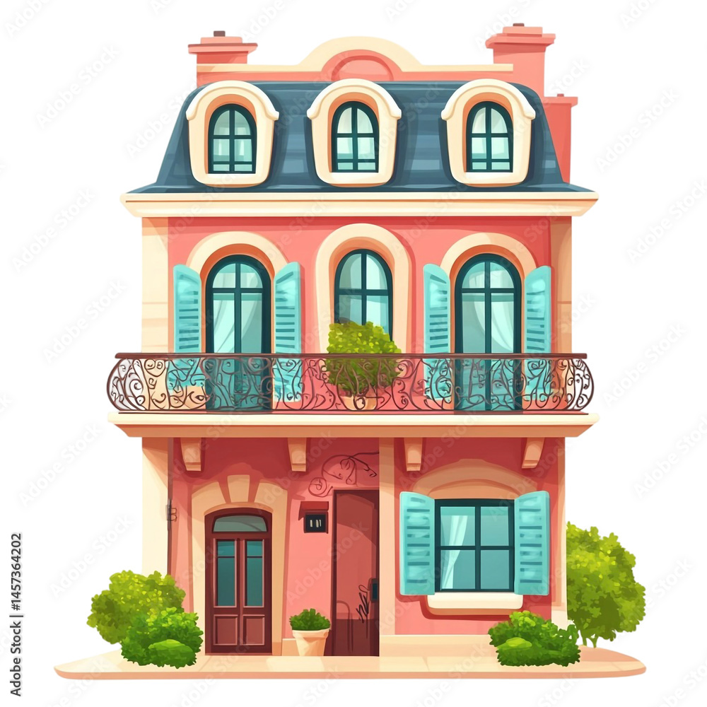 Fototapeta premium Charming two story house with balcony ornate railing and shutters