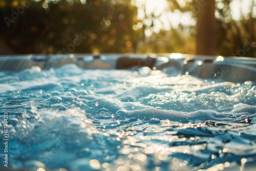 Backyard hot tub with bubbling water close up