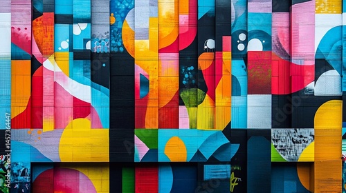 a bright colorful vivid collage of the Miami Wynwood murals. Vibrant abstract on the wall. Generative AI
