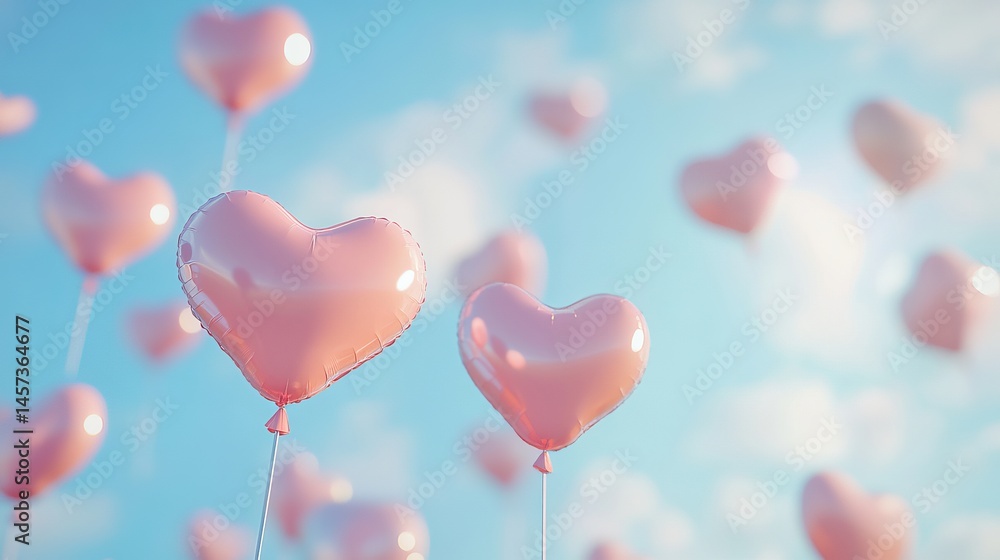 Pink heart shaped balloons floating in a blue sky romantic valentines day celebration joy love cute Pink heart shaped balloons floating in a blue sky romantic valentines day celebration joy love cute
