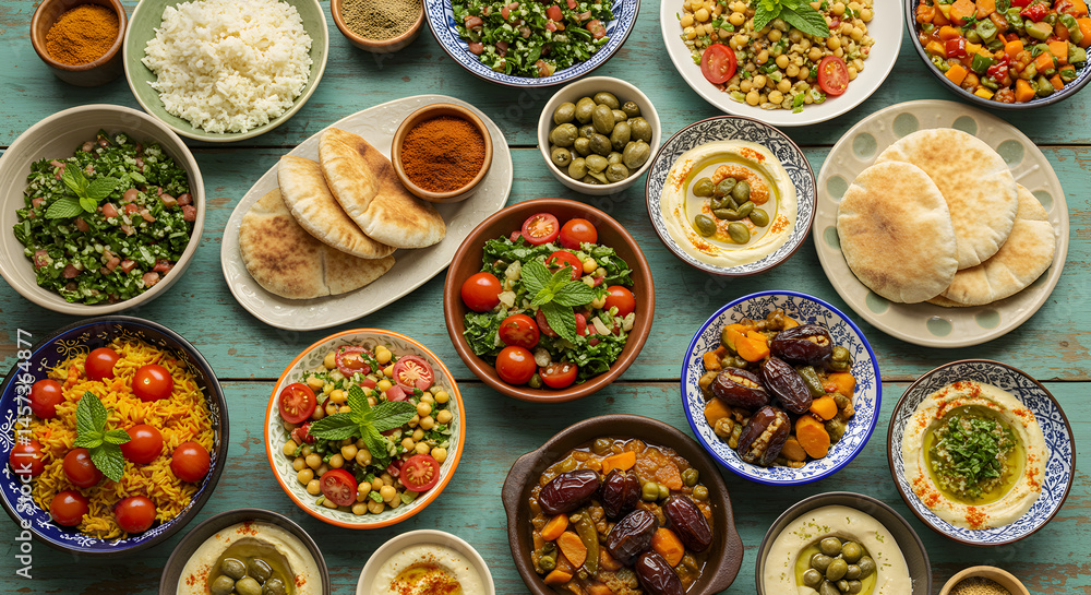 Assorted Middle Eastern Cuisine Featuring Hummus Rice and Colorful Salads on Rustic Turquoise Table Top Assorted Middle Eastern Cuisine Featuring Hummus Rice and Colorful Salads on Rustic Turquoise Table Top