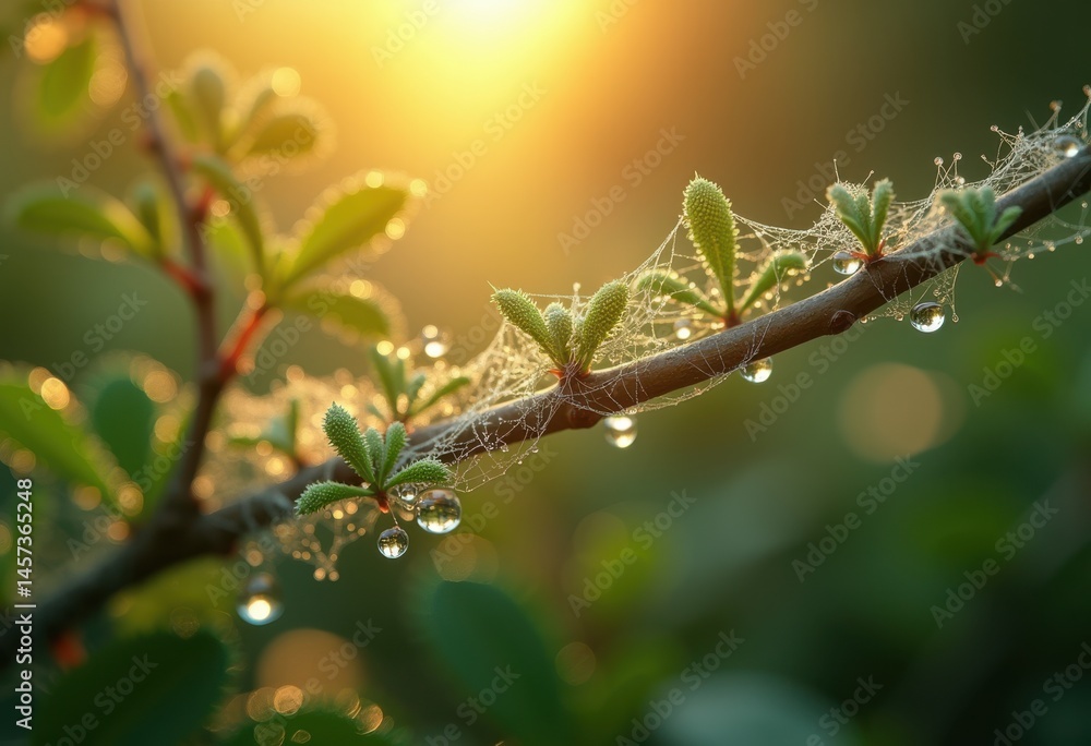 Naklejka premium close web covered branch glittering dew drops morning light, dewdrop, nature, leaf, spider, silk, dewdrops, moisture, spring, micro, twig, spiderweb