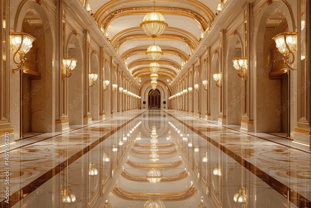 Obraz premium A luxury corridor with glossy floors and intricate gold-plated light fixtures.