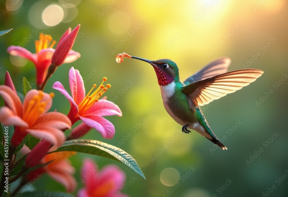 Naklejka premium colorful hummingbird feeding vibrant flowers bright nature scene exotic flora fauna offering nectar, pollination, petal, garden, bloom, leaf, wildflower