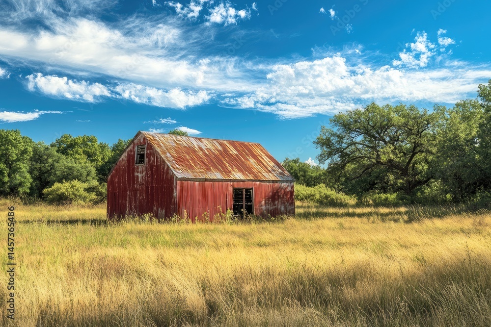 Rustic red barn in a golden field under a vibrant blue sky. Rusty metal roof, weathered wood, and tall grass surround the aged structure. Sun-drenched landscape Rustic red barn in a golden field under a vibrant blue sky. Rusty metal roof, weathered wood, and tall grass surround the aged structure. Sun-drenched landscape