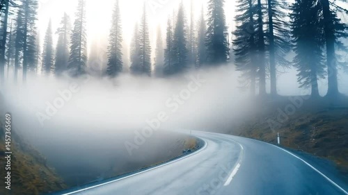 POV Drive Through Foggy Mountain Road and Misty Fir Tree Forest