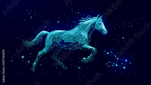 Geometric Horse illustration runs in space 2026 Horoscope Year. Chinese Animal of New Year. Technology designs and futuristic projects. Low poly style with dark blue background