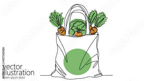 Groceries in tote bag illustration. Carrots, cabbage, leafy greens. Suitable for farmers market eco-friendly promotions. Minimalist line art style with white background