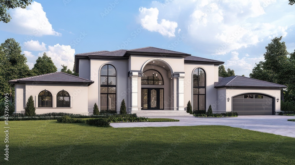 Fototapeta premium Modern luxury home exterior with arched windows