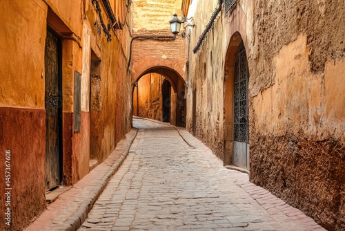 Sun-drenched alleyway, terracotta hues, ancient architecture,  winding path,  old world charm.  Cobblestone street, arched doorways,  rustic buildings,  warm light,  historic