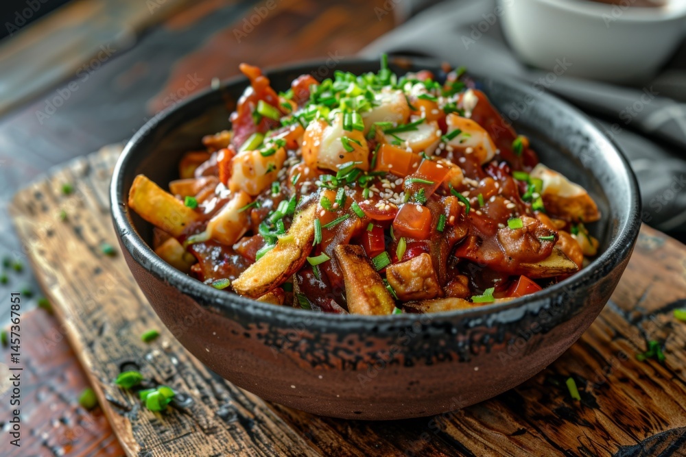 Classic Canadian poutine dish with crispy fries cheese curds and rich gravy studio shot on rustic wood Classic Canadian poutine dish with crispy fries cheese curds and rich gravy studio shot on rustic wood