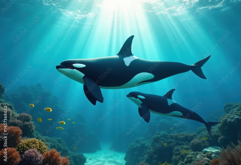Fototapeta premium majestic orca pod swimming gracefully turquoise waters vibrant marine habitat oceanic beauty, dolphin, whale, surface, seascape, fish, coral, underwater