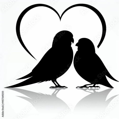 vector silhouette of a lovebird sitting closely with another, heart-shaped composition, minimal vector art, white background 