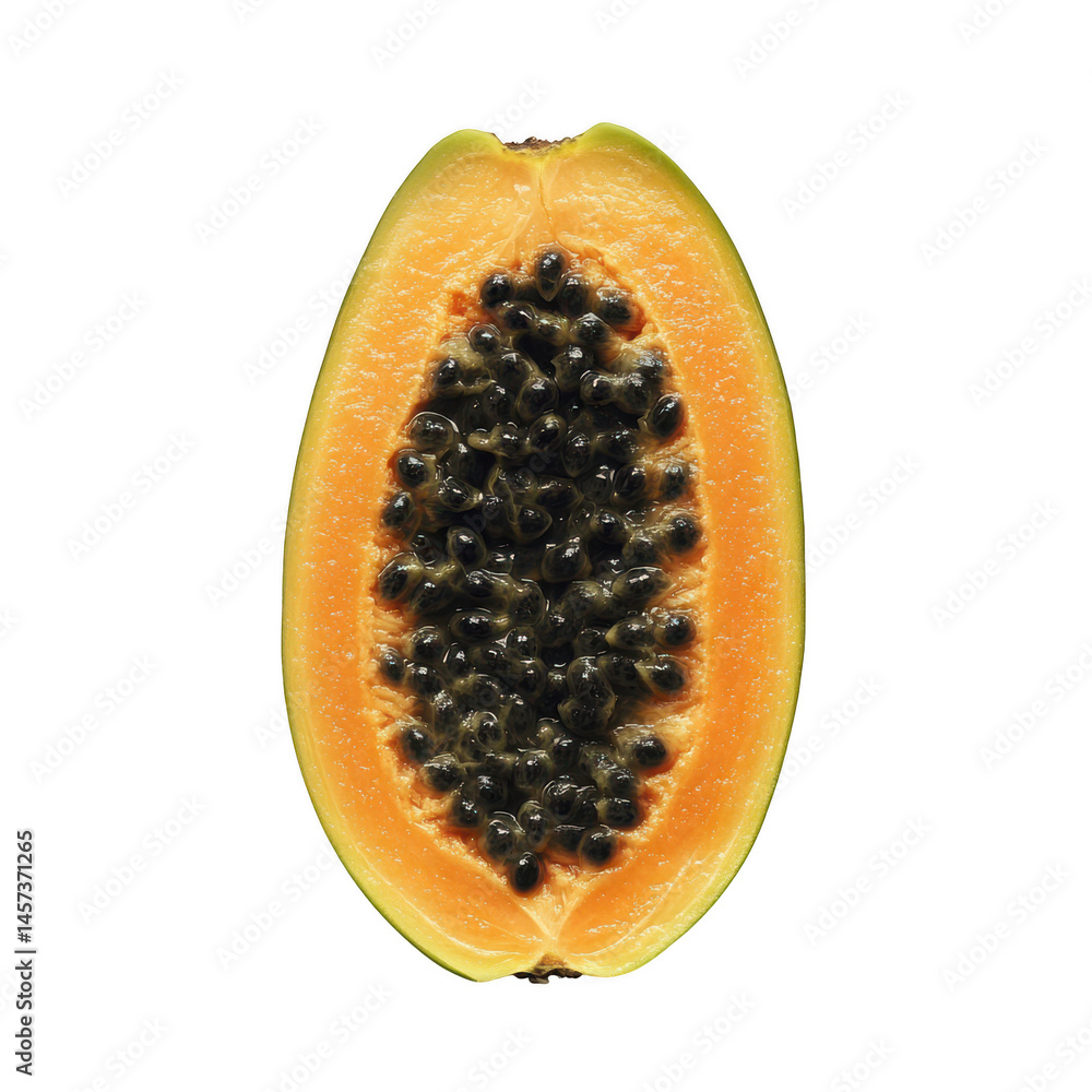 A halved ripe papaya with black seeds on a plain dark background view A halved ripe papaya with black seeds on a plain dark background view
