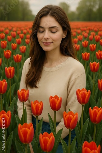 Woman Smiling in Tulip Field