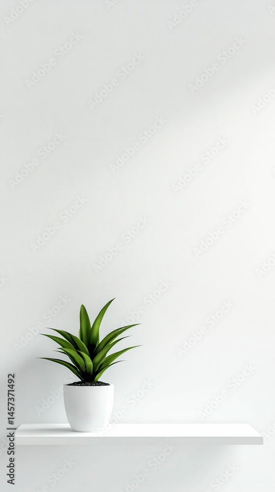 White shelf, potted plant, minimalist background. White shelf, potted plant, minimalist background.