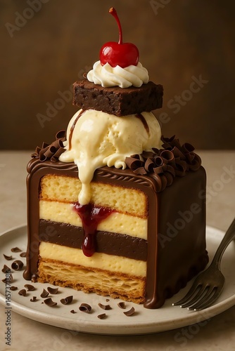 Chocolate Dessert with Ice Cream and Cherry