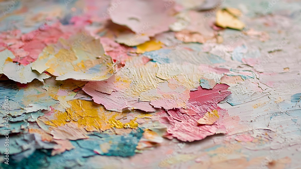 Fototapeta premium Colorful close-up of paint with peeling layers, revealing textures and vibrant hues