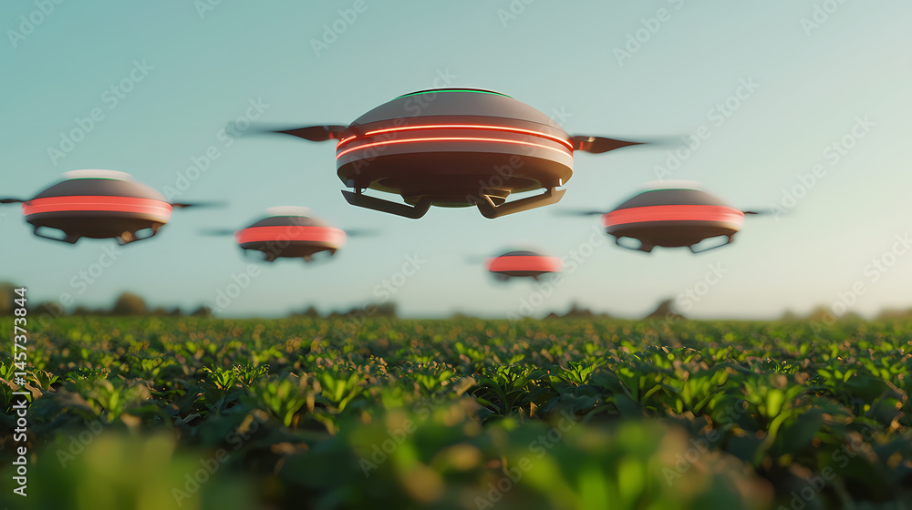 Fototapeta premium Multiple drones fly over a green crop field, suggesting advanced agricultural technology and automated farming.