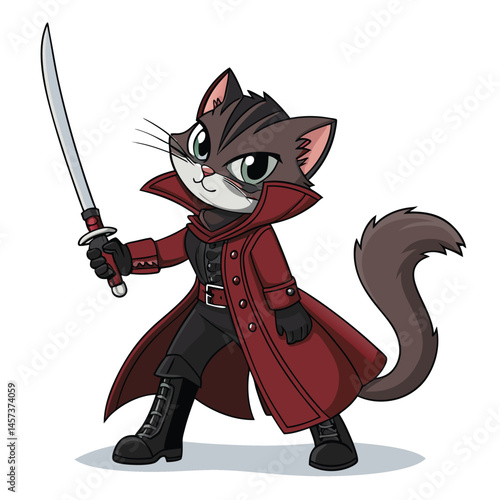 A sleek black cat, wearing a trench coat and wielding a silver cross, stands poised for vampire hunting.  Dramatic lighting, gritty urban background.