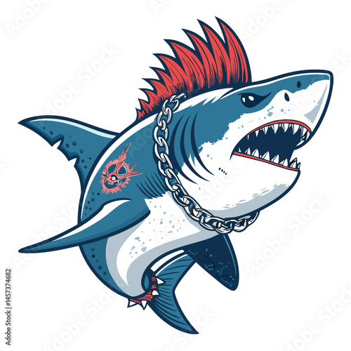 A ferocious vintage-style monster shark with a spiked mohawk and a heavy gold chain necklace, detailed illustration.