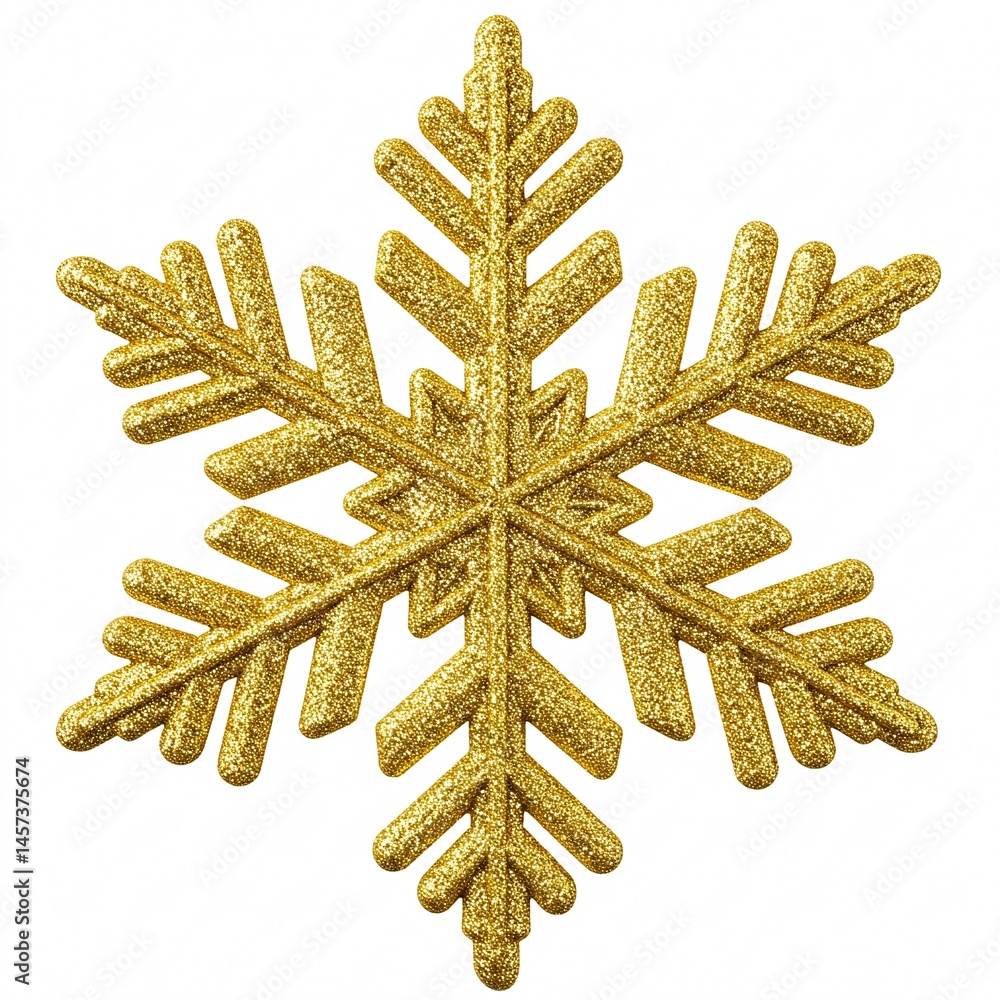 Gold glitter snowflake, Christmas ornament for festive mood, isolated on white Gold glitter snowflake, Christmas ornament for festive mood, isolated on white
