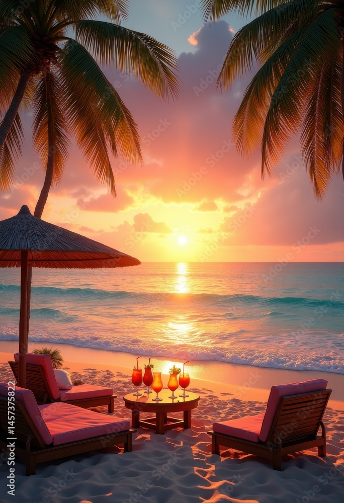 Fototapeta premium exotic beach destination tropical paradise colorful cocktails sandy shores clear water palm trees sunset, sky, drink, umbrella, landscape, relaxation