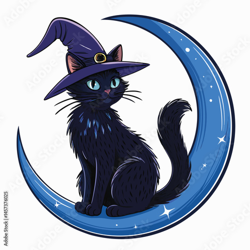 A black witch's cat, elegantly poised, sits atop a glowing crescent moon, wearing a tiny, bejeweled crown.  Detailed, whimsical style.