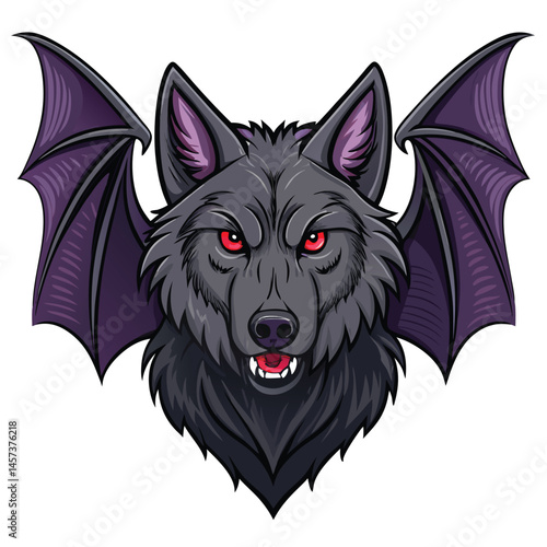 A majestic wolfdog hybrid, possessing leathery bat wings and prominent vampire fangs, stands majestically in a dimly lit forest.  Focus on detailed fur and wing textures.
