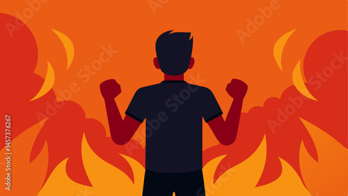 Anger An illustration showing a person with furrowed brows clenched fists and a fiery background. This symbolizes the intensity of anger as they face away from the viewer