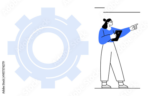 Woman in modern style holding tablet and pointing, large gear suggesting strategy, teamwork, and innovation. Ideal for business, technology, planning, brainstorming, process education simple