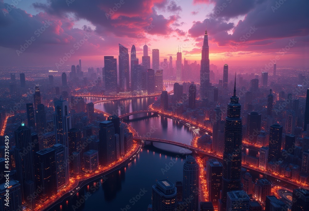 Fototapeta premium dramatic skyline dusk illuminated buildings cityscape vibrant colors nightscape twilight urban landscape, architecture, reflection, window, facade, glow