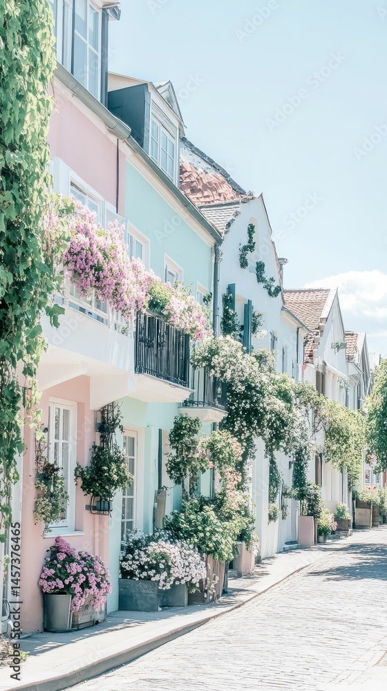 Fototapeta premium Flower-filled street, pastel houses, cobblestone road.