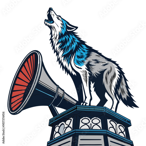 A lone wolf howls atop a tall, blue speaker tower against a dramatic sky.  The scene is surreal and slightly ominous.