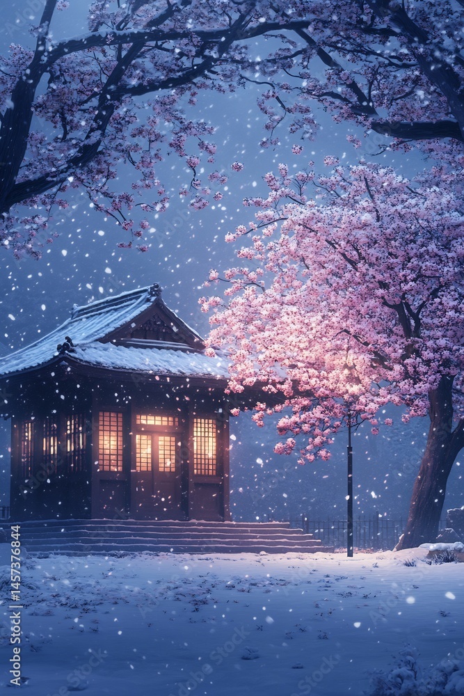 Naklejka premium anime snow-covered shrine at twilight
