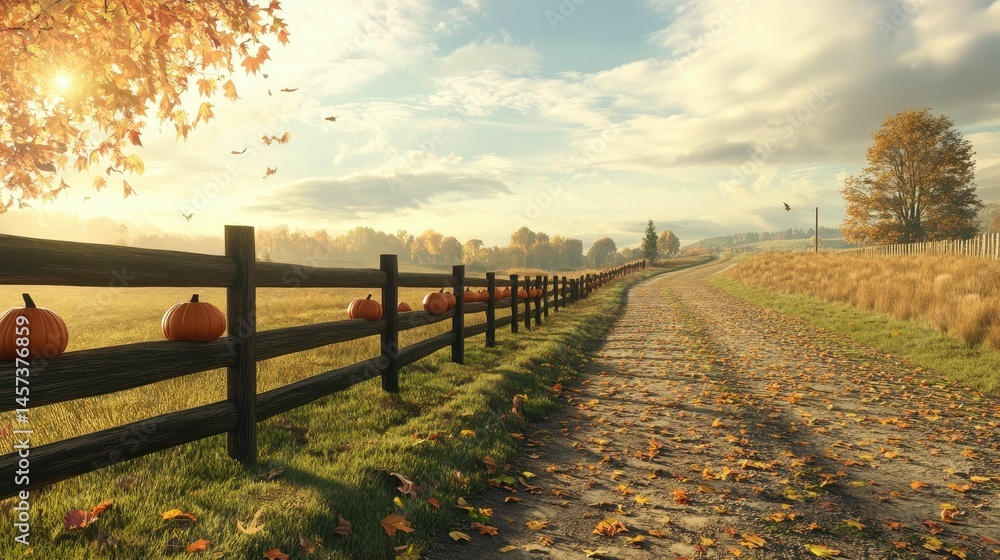 Obraz premium Autumnal road, pumpkins on fence, fall leaves.