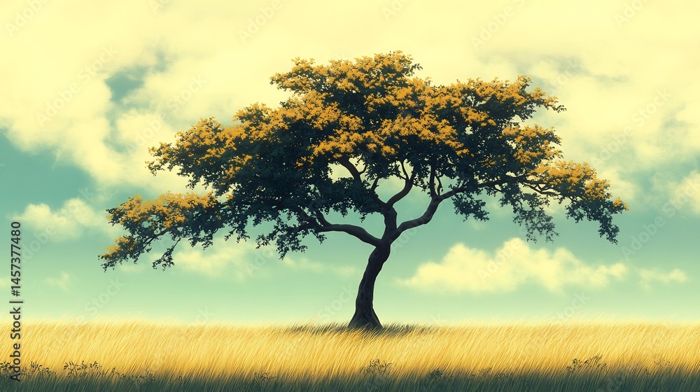 Obraz premium anime lonely tree in sea of golden grass