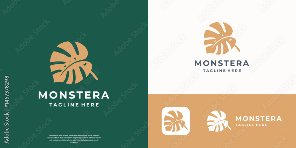 Naklejka premium golden Monstera logo design symbol vector template.