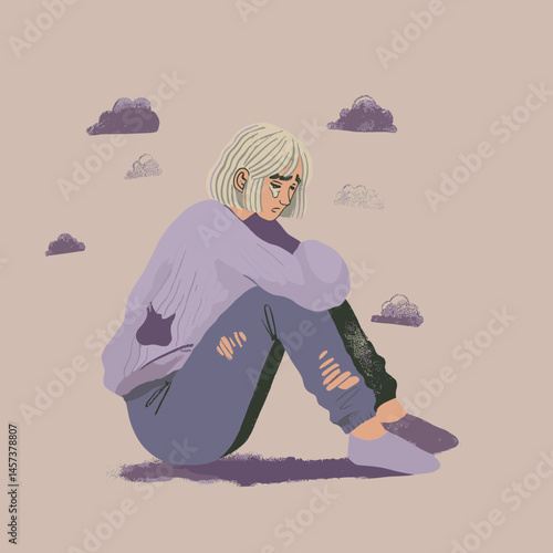 Solitude and Sadness: A person sits alone, their posture and expression conveying a sense of profound sadness and emotional isolation amidst softly illustrated clouds.
