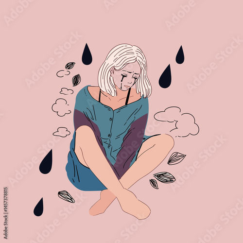 Solitude and Sorrow: An illustrated depiction of a person amidst a downpour of teardrops and a backdrop of melancholy elements, conveying the deep emotions of sadness and introspection.