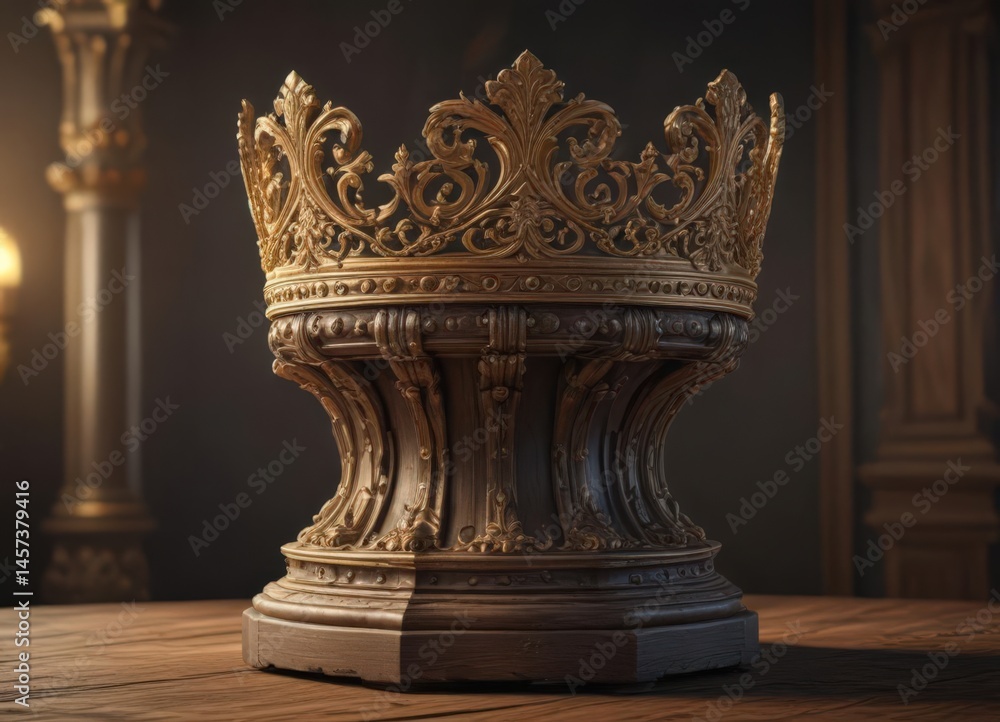 Fototapeta premium Gilded crown, ornate details, rests on aged wooden pedestal , texture, fantasy