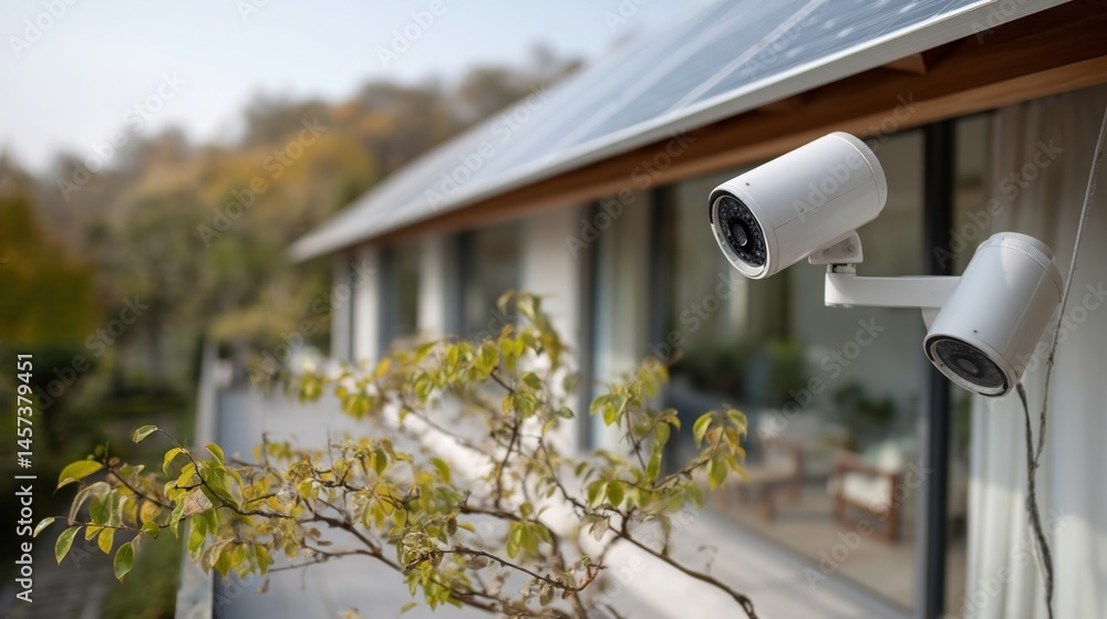 An exterior view of a house with solar panels on the roof and smart surveillance cameras monitoring the surrounding area.