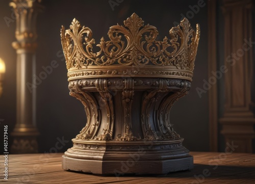 Gilded crown, ornate details, rests on aged wooden pedestal ,  texture,  fantasy